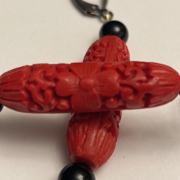 Large Carved Design Flower Floral Drop Bauble Earrings - Picture 9 of 16